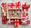 Delicious fresh Christmas decorated gingerbread cookies placed in wooden crate
