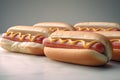 Delicious fresh classic hot dogs with mustard. Fast food. Generative AI