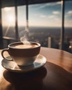 delicious fresh coffee in the morning on a wooden table with coffee beans