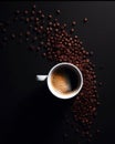 delicious fresh coffee in the morning on a wooden table with coffee beans