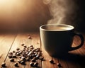 delicious fresh coffee in the morning on a wooden table with coffee beans