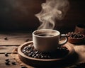 delicious fresh coffee in the morning on a wooden table with coffee beans