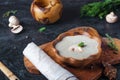 Creamy Mushroom Soup on rustic wooden table Royalty Free Stock Photo