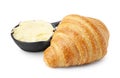 Delicious fresh croissant and butter isolated on white Royalty Free Stock Photo