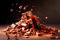 Delicious fresh dark brown chocolate fragments on brown background