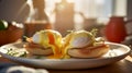 Backlit Plate of Eggs Benedict Breakfast on Table - Generative AI