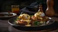 Hot Delicious Eggs Benedict Breakfast Plate on Table - Generative AI