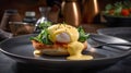 Fancy Eggs Benedict Breakfast Plate on Table - Generative AI