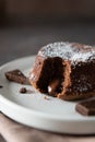 Delicious fresh fondant with hot chocolate centre on the plate. Lava cake recipe, menu. Close up