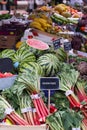 Fresh fruit and vegetables for sale at a street market, rhubarbs Royalty Free Stock Photo