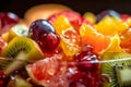 Fresh fruits salad closeup. Created with Generative AI technology