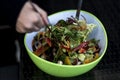 Delicious fresh healthy salad in a green bowl mixed by a woman hands with salad spoon food Royalty Free Stock Photo