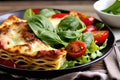Delicious fresh homemade lasagna with salad and bread