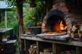 Delicious fresh Italian pizza lies near the oven, baked in a wood-burning oven