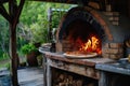 Delicious fresh Italian pizza lies near the oven, baked in a wood-burning oven