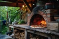 Delicious fresh Italian pizza lies near the oven, baked in a wood-burning oven