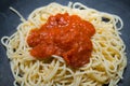 Delicious fresh italian Spaghetti pasta with a homemade gourmet tomato sauce Royalty Free Stock Photo