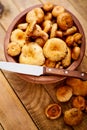 Delicious fresh lactarius mushrooms straight from the forest in a brown bowl and a knife