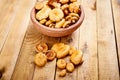 Delicious fresh lactarius mushrooms straight from the forest in a brown bowl