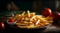 delicious fresh large portion of french fries with ketchup on a plate