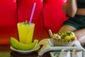 Delicious fresh melon salad in melon bowl and melon juice Royalty Free Stock Photo