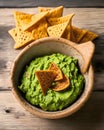 Topo view of Delicious Fresh Mexican Food Guacamole. Generative AI.