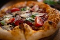 delicious fresh pizza with salami, basil and tomatoes Royalty Free Stock Photo