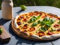 pizza served on wooden table. Generative ai