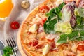 Delicious fresh pizza served on wooden table Royalty Free Stock Photo