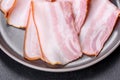 Delicious fresh raw bacon cut with slices on a grey plate against a dark concrete background