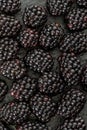 Delicious fresh and ripe blackberries and reddish garnet. With drops of water. On textured background in black color.With yellow l