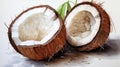 Delicious fresh ripe coconut split into two parts on a white Royalty Free Stock Photo