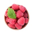 Delicious fresh ripe raspberries in bowl on white, top view Royalty Free Stock Photo