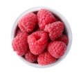 Delicious fresh ripe raspberries in bowl isolated on white, top view Royalty Free Stock Photo