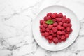 Delicious fresh ripe raspberries in plate on white marble table, top view. Space for text Royalty Free Stock Photo