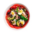 Delicious and fresh salad with asparagus, egg, avocado, tomato, olives and cheese. Top view isolated. Royalty Free Stock Photo