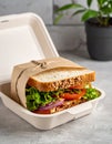 Delicious Fresh Sandwich in a Box with Lettuce and Tomato on Table Royalty Free Stock Photo