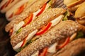 Delicious fresh sandwiches with cheese, bread, tomatoes, sausage healthy snack Royalty Free Stock Photo