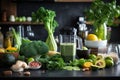 Delicious fresh smoothies and a blender with ingredients on the kitchen table. Lots of vegetables and fruits around