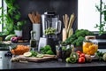 Delicious fresh smoothies and a blender with ingredients on the kitchen table. Lots of vegetables and fruits around