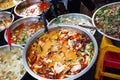 delicious fresh street food in Thailand - top view - Thai Curry, Tamarind, Tom Yam, Shrimp, Pork, Pad Thai Royalty Free Stock Photo