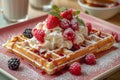 Delicious fresh waffles topped with berries and cream on a plate