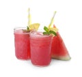 Delicious fresh watermelon drinks with fresh fruit on white background