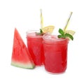 Delicious fresh watermelon drinks with fresh fruit on white background