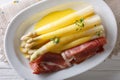 Delicious fresh white asparagus with hollandaise sauce and ham c Royalty Free Stock Photo