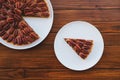 Delicious freshly baked homemade pecan pie on wooden rustic background Royalty Free Stock Photo