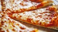 Delicious freshly baked New York style cheesy pizza. Cut out slice