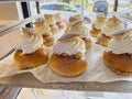 Freshly baked semla, semlor, fastlagsbulle, laskiaispulla, vastlakukkel, fastelavnsbolle