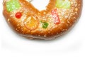 Delicious and freshly baked Three Kings Cake with candied fruit on top Royalty Free Stock Photo