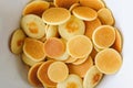 Delicious freshly cooked pancake cereal in a bowl, top view.